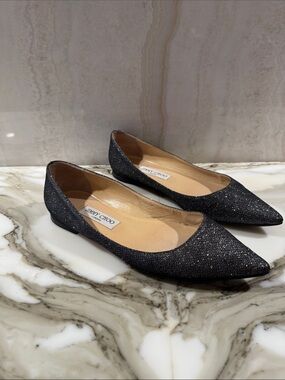 Jimmy Choo Sparkling Black Pointed Ballet Flats